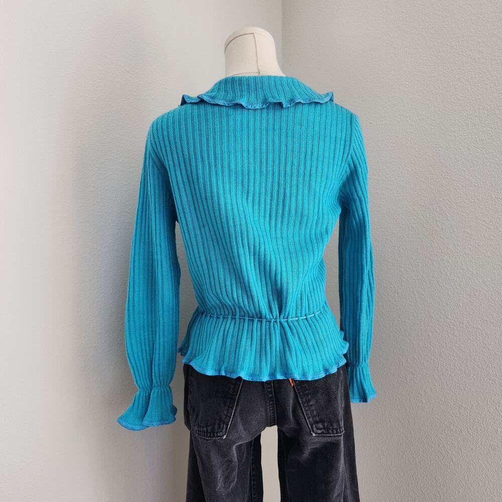 Vintage 70s Blue Teal Knit Ruffle Wrap Cardigan Tie Waist Top S Kentelle - Picture 8 of 16